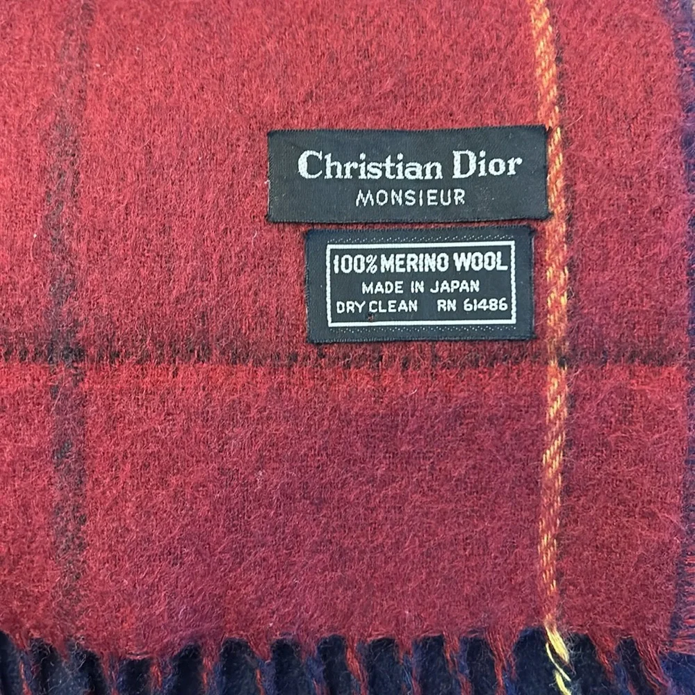 Christian Dior Monsieur 100% Marino Wool Red/Navy Plaid Scarf.